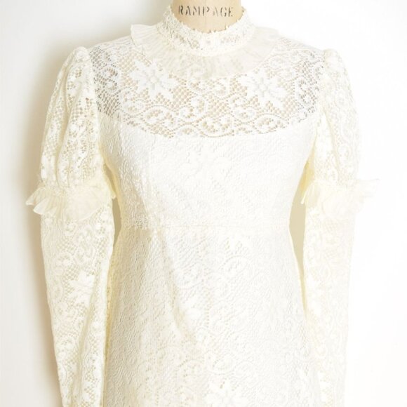vintage 60s wedding dress cream crochet lace regency juliet gown puff sleeve S - Picture 4 of 11